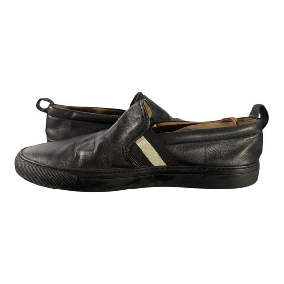 Bally Herald Men’s 200 Black Leather Slip On White Stripe Dress Sneakers 10 D